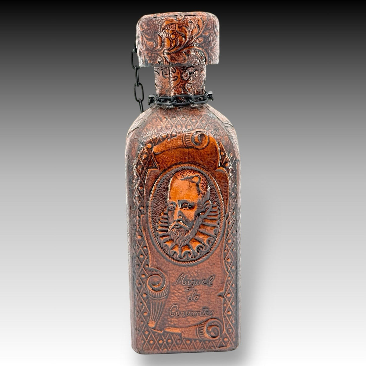 Vintage Miguel De Cervantes Leather Wrapped Whisky Decanter Bottle Barware