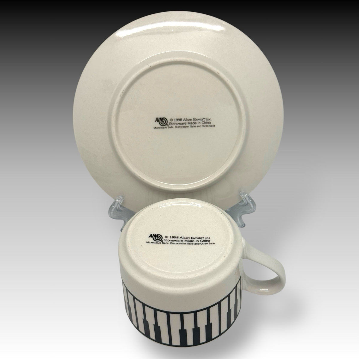 Set of 4 ALBERT ELOVITZ Piano Keys CUPS & SAUCERS Black & White Stoneware 1998