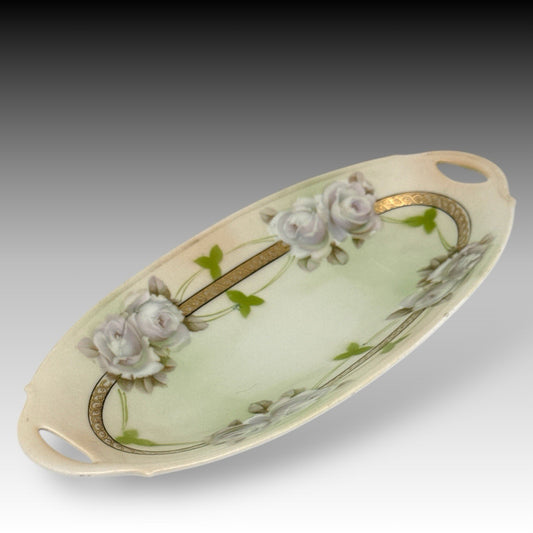 VTG BAVARIA Oval Celery Dish RELISH TRAY Roses & GOLD TRIM Open Handles 10"