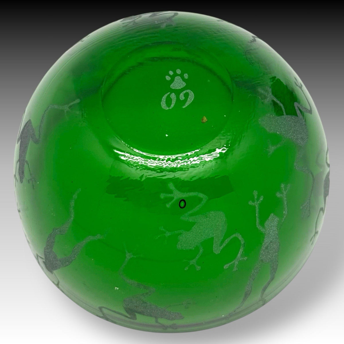 Vintage Pewter FROG on Green Bubble Glass PAPERWEIGHT & Etched FROG BOWL Set