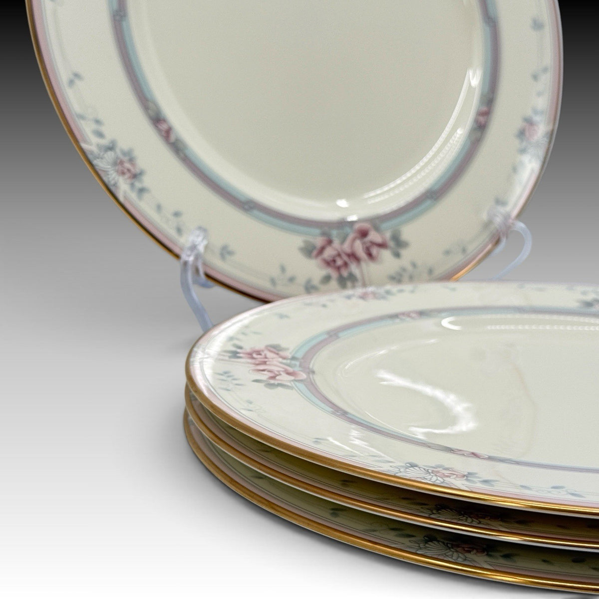 Noritake Magnificence Bone China Dinner Plates Set 4 Gold Rim Pink Roses #9736