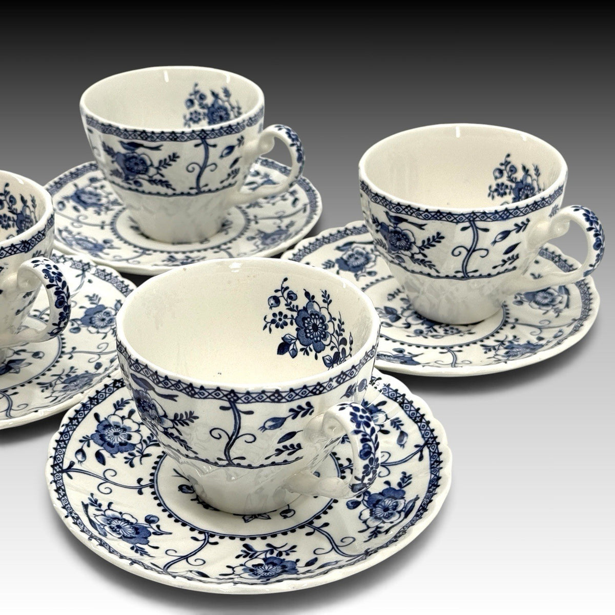 Johnson Brothers Indies Blue White Ironstone Cups Saucers England Set 4 Vintage