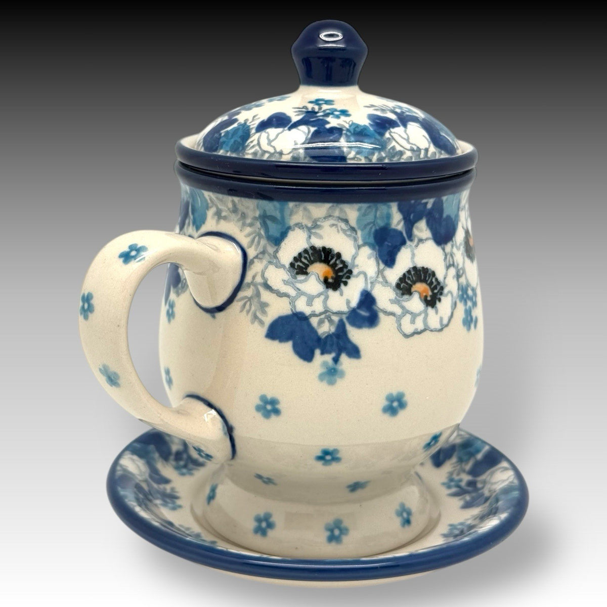 Ceramika Artystyczna Polish Pottery Snow White Poppy TEA INFUSER Mug Saucer Set