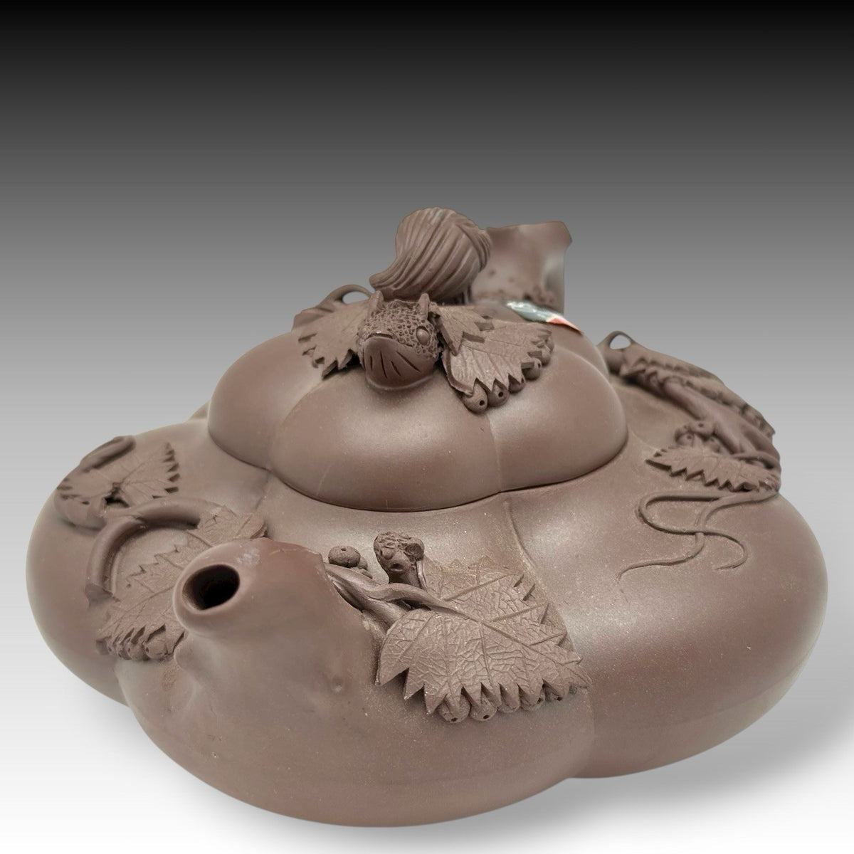 Yixing Zisha Clay Lingzhi Teapot Frog & Squirrel Design Handmade China 20th C.