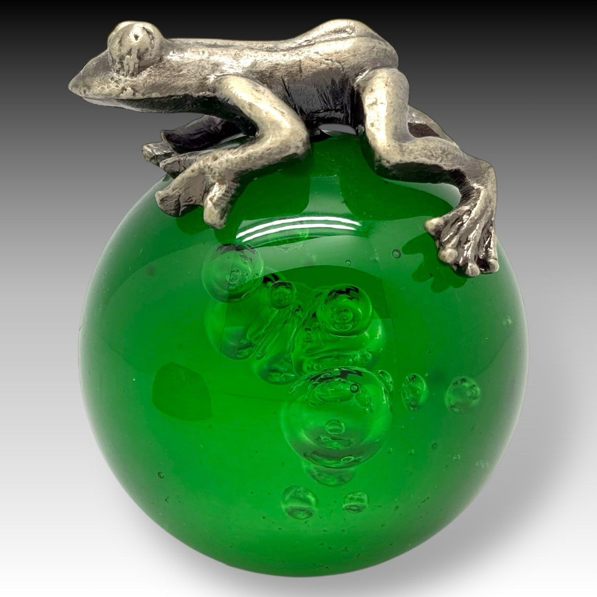 Vintage Pewter FROG on Green Bubble Glass PAPERWEIGHT & Etched FROG BOWL Set