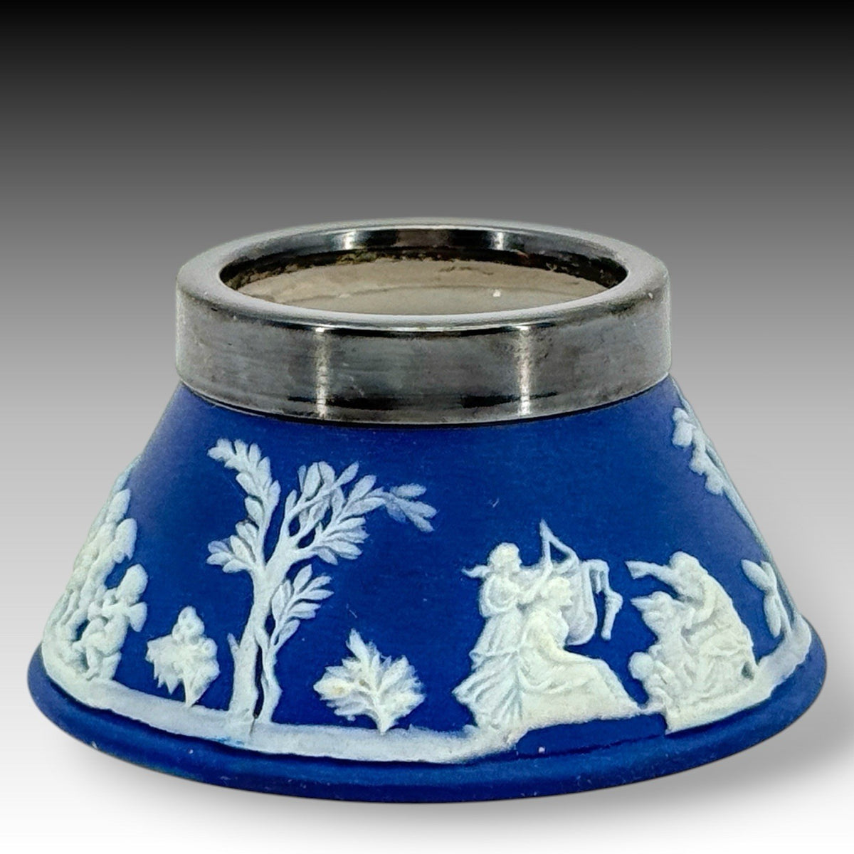 Antique Wedgwood Blue Jasperware Open Salt Cellar Silverplate Rim Cherubs 1867