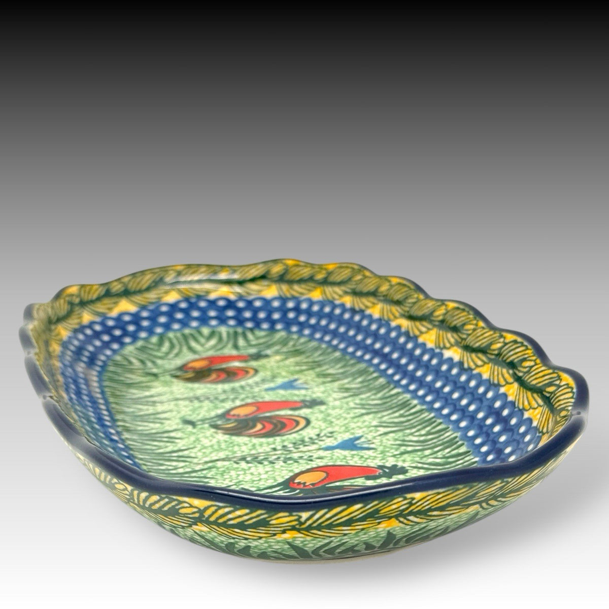 UNIKAT Polish Pottery Rooster Parade Serving Tray 12.5 Inches Signed Kuczynska