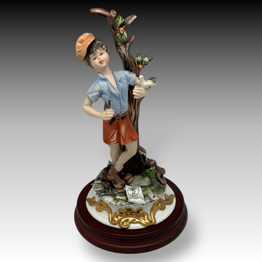 RARE Capodimonte Figurine Signed SARTORI Boy with Bird Italy Porcelain 11" Tall