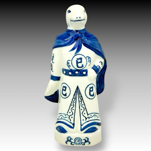Vintage Chinese Zodiac Snake Figurine Blue White Porcelain Chinoiserie 10 Inch