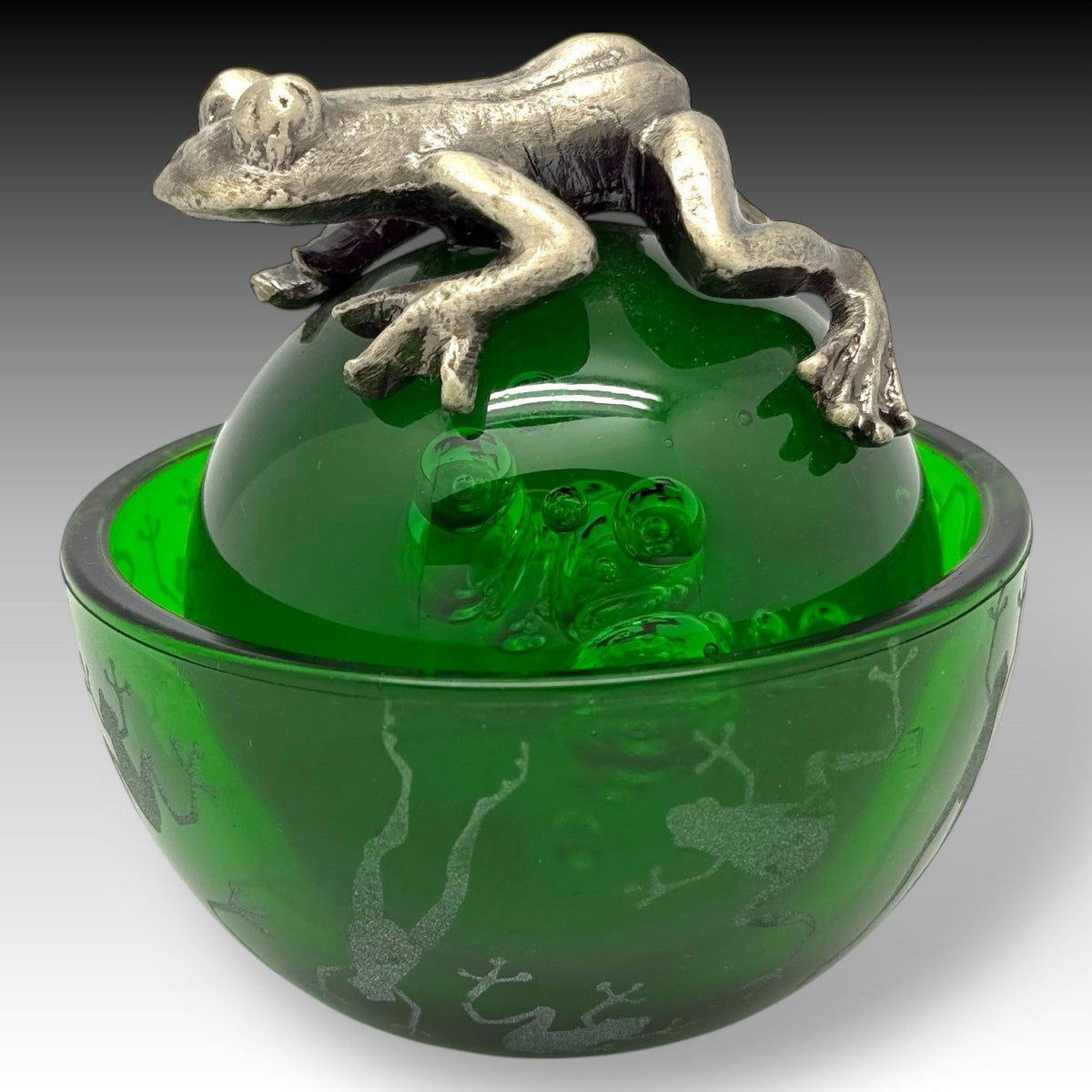 Vintage Pewter FROG on Green Bubble Glass PAPERWEIGHT & Etched FROG BOWL Set