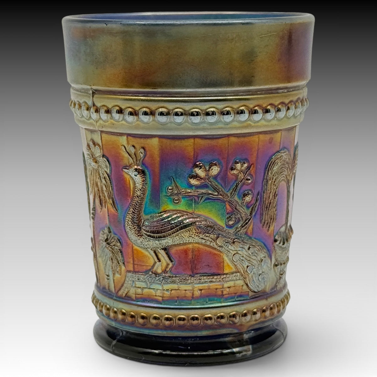 Northwood Peacock At The Fountain Cobalt Blue Carnival Glass Tumbler Antique 4"