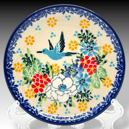 UNIKAT Polish Pottery Hello Hummingbird Mini Plate Coaster Dish 4 inch Signed