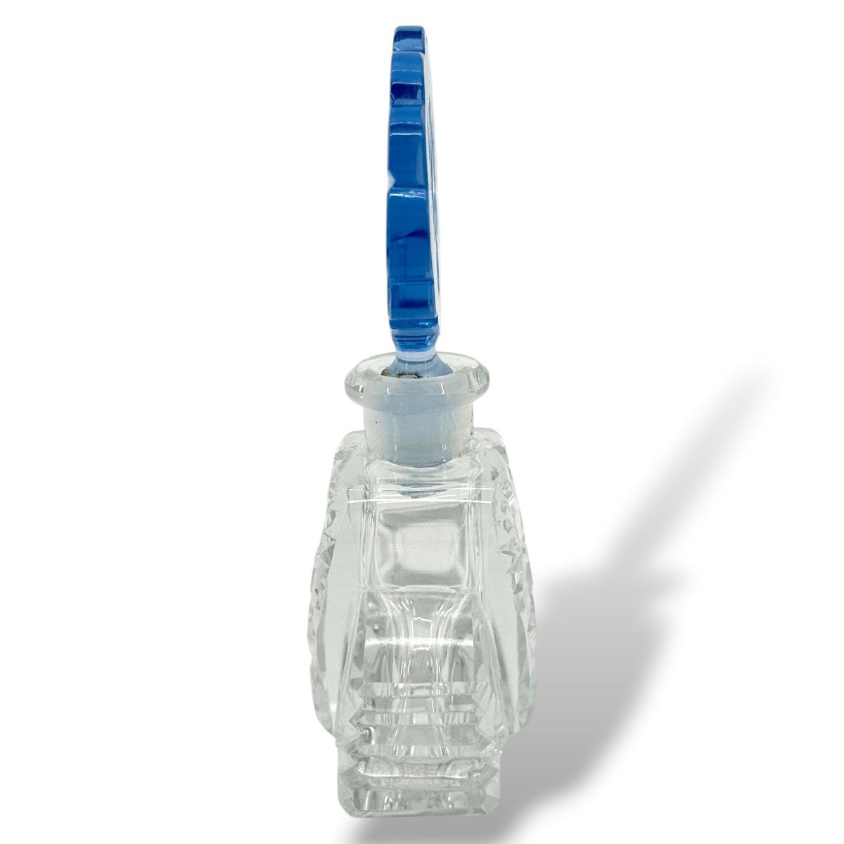 Czech Cut Crystal Art Deco Perfume Bottle With Blue Intaglio Bird Stopper 4 Inch