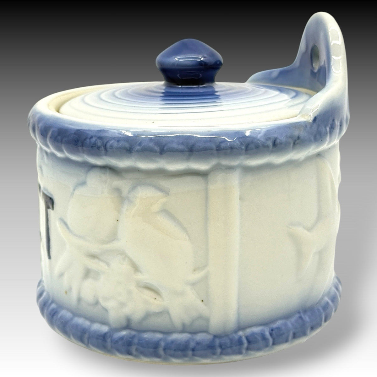 Antique Blue White Stoneware Hanging Salt Crock Box Embossed Birds Wall Mounted