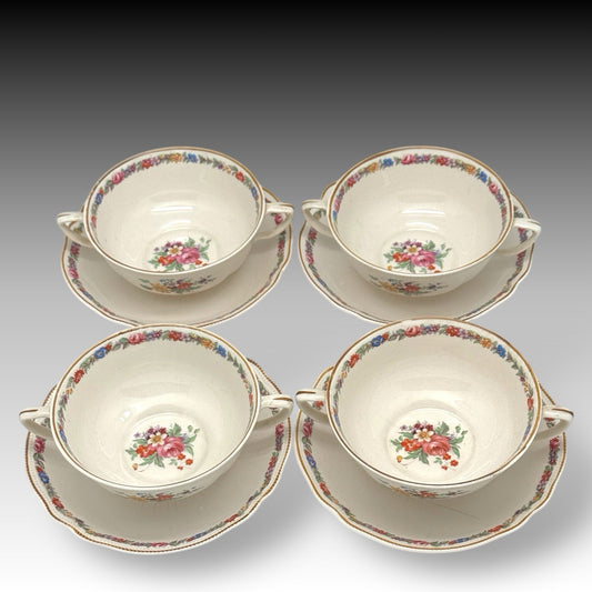 4 Johnson Brothers “Marlow” Old Staffordshire Flat Cream Soup Bowls and Saucers