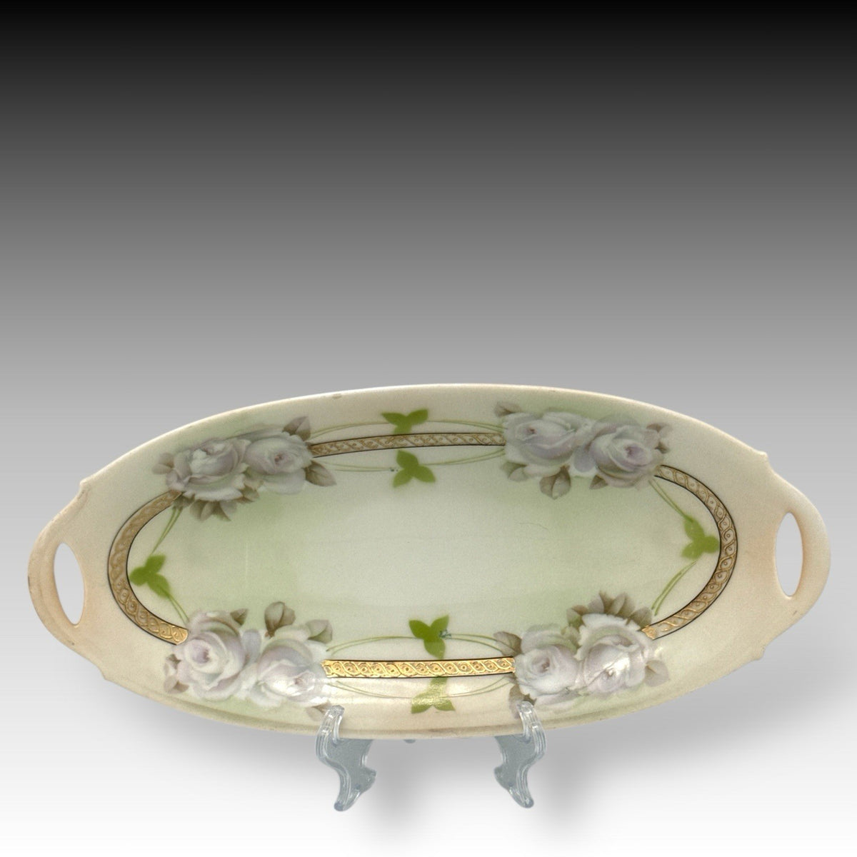 VTG BAVARIA Oval Celery Dish RELISH TRAY Roses & GOLD TRIM Open Handles 10"
