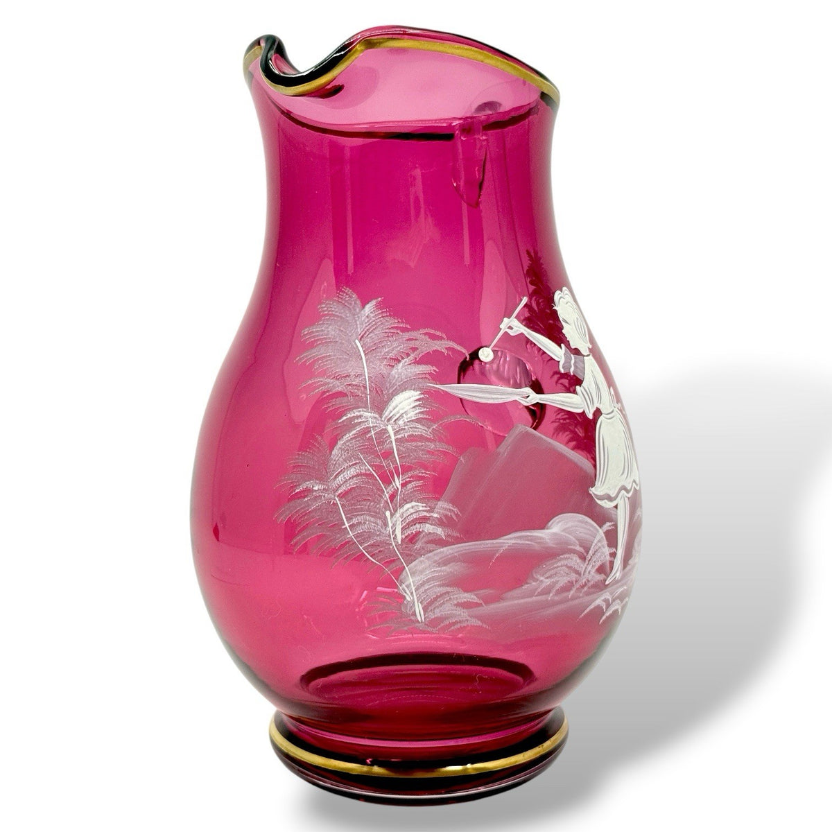 Vintage Cranberry Mary Gregory Hand Painted Art Glass Water Pitcher Gold Trim