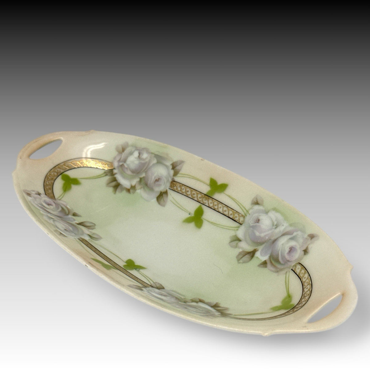 VTG BAVARIA Oval Celery Dish RELISH TRAY Roses & GOLD TRIM Open Handles 10"