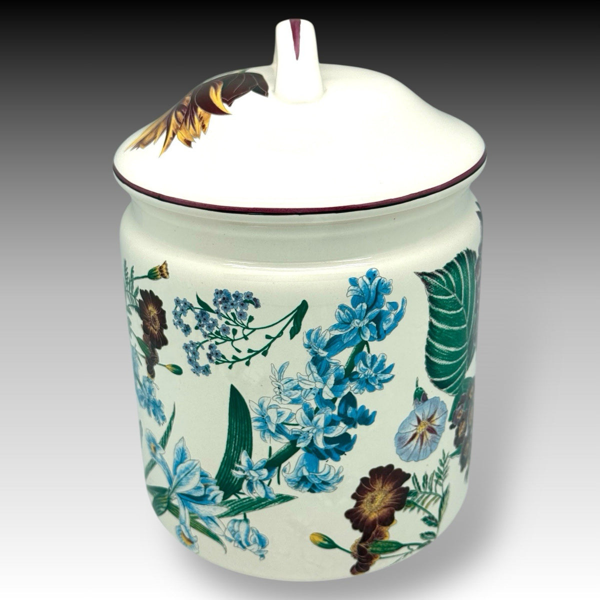 Vintage Japan Ceramic Canister Jar with Blue & Burgundy Flowers 9.5" Lidded