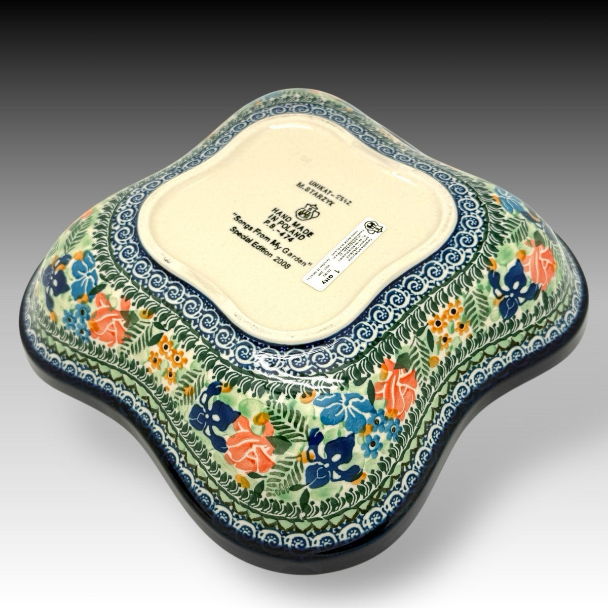 Polish Pottery UNIKAT Large Wavy Edge Bowl Starzyk Songs from My Garden 2008