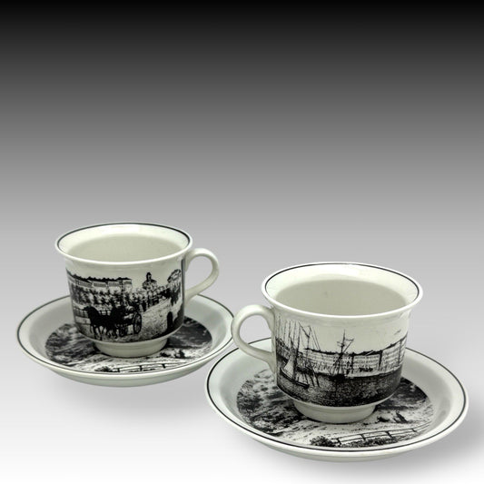 ARABIA Finland HELSINKI Wright 1863 Museum Cups & Saucers Set of 2 – B&W
