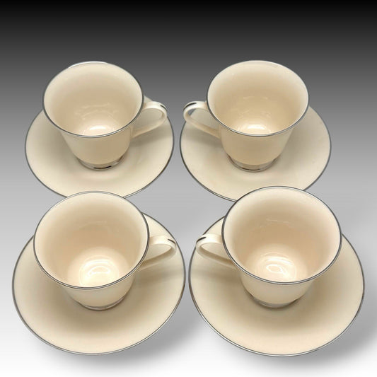 LENOX Maywood Platinum Trim Cup & Saucer Set of 4 USA Ivory Classic Elegant Vtg