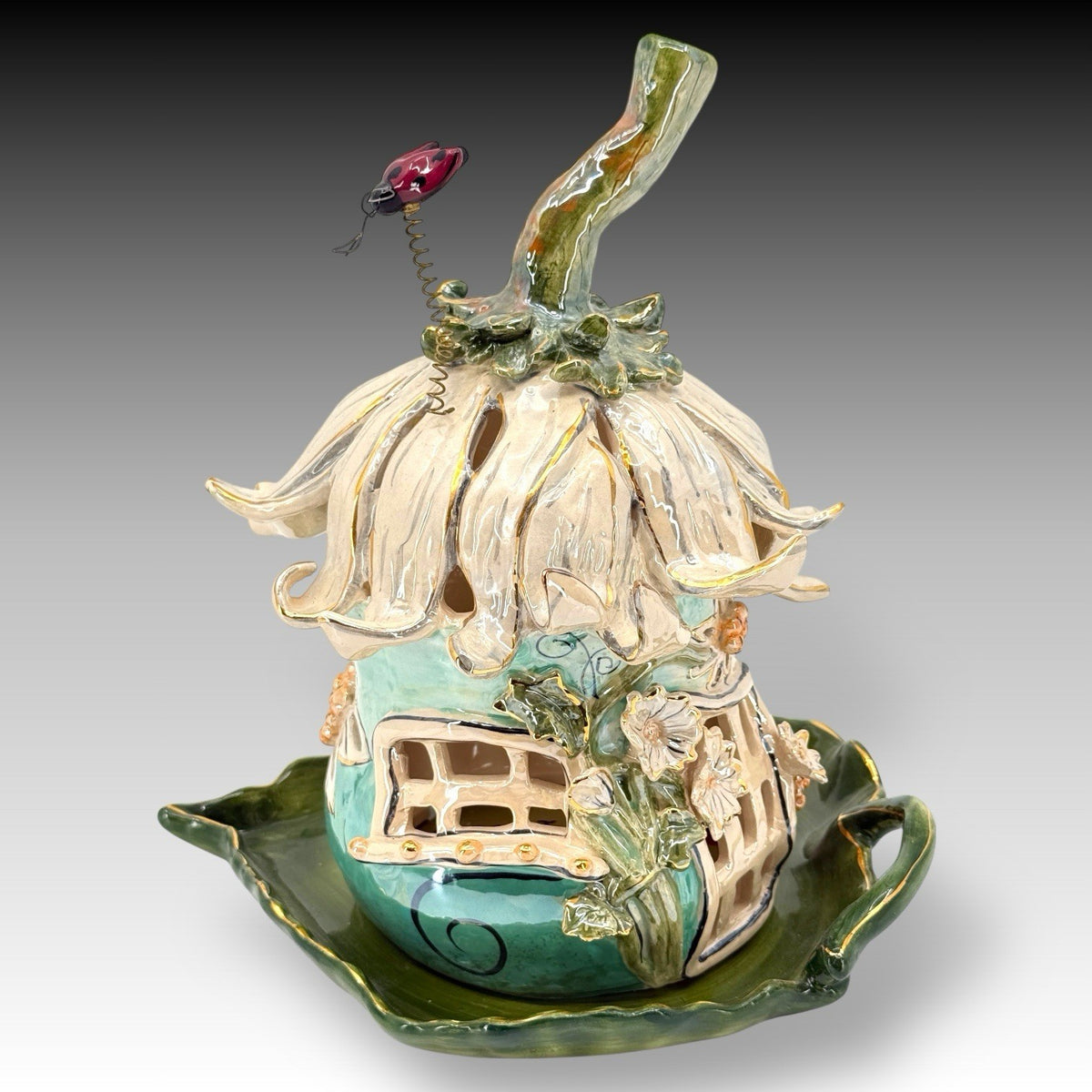 Blue Sky Clayworks Heather Goldminc Flower FAIRY HOUSE Votive Candle Holdr Plate