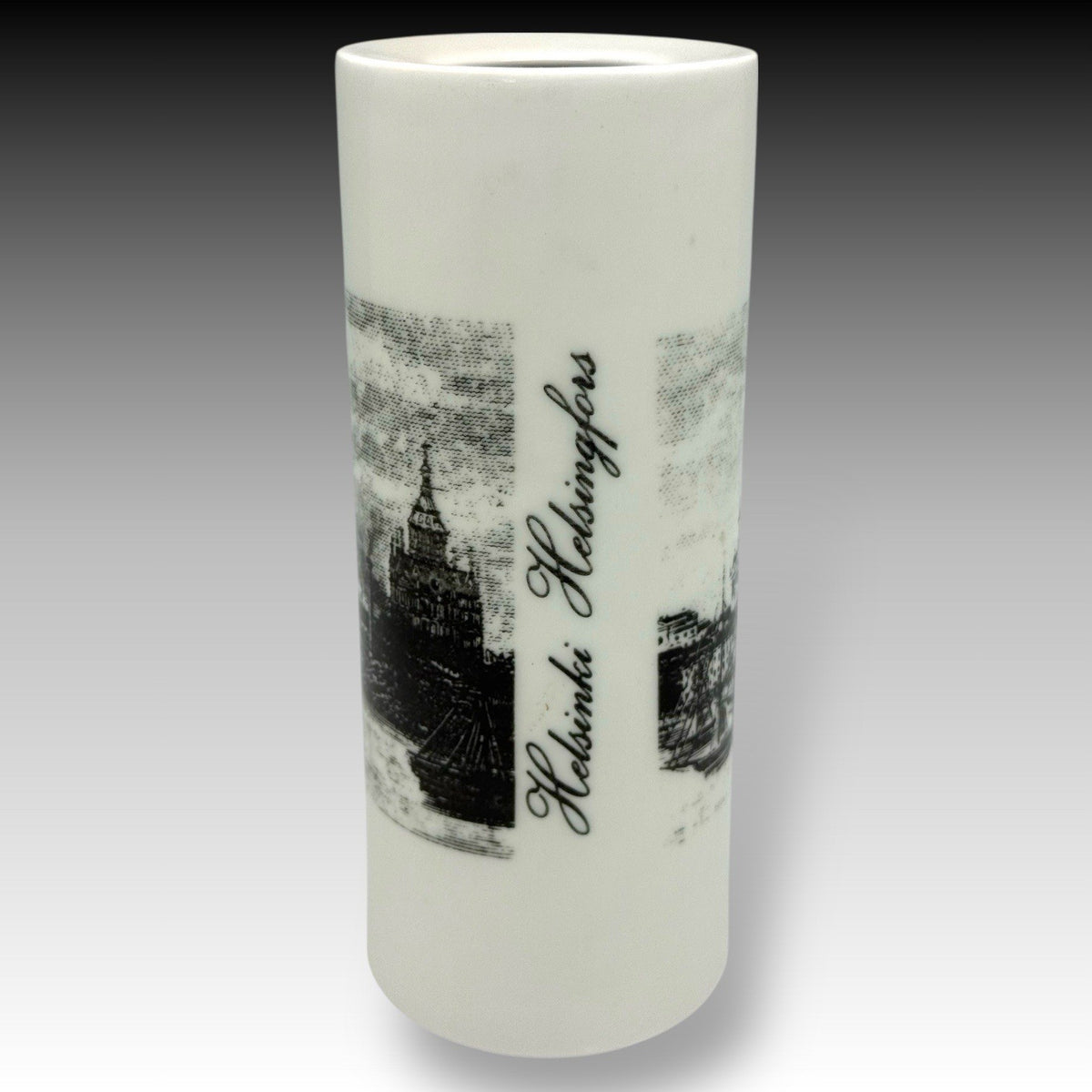 ARABIA Finland HELSINKI HELSINGFORS 7.25-Inch Cylinder Vase – Black & White RARE