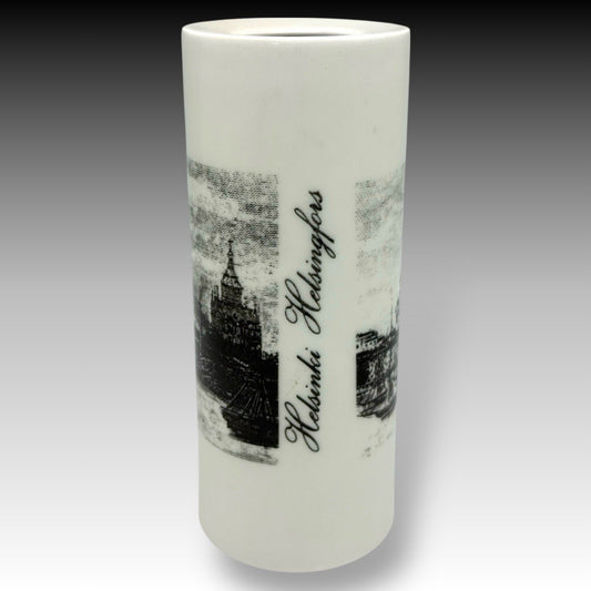 ARABIA Finland HELSINKI HELSINGFORS 7.25-Inch Cylinder Vase – Black & White RARE