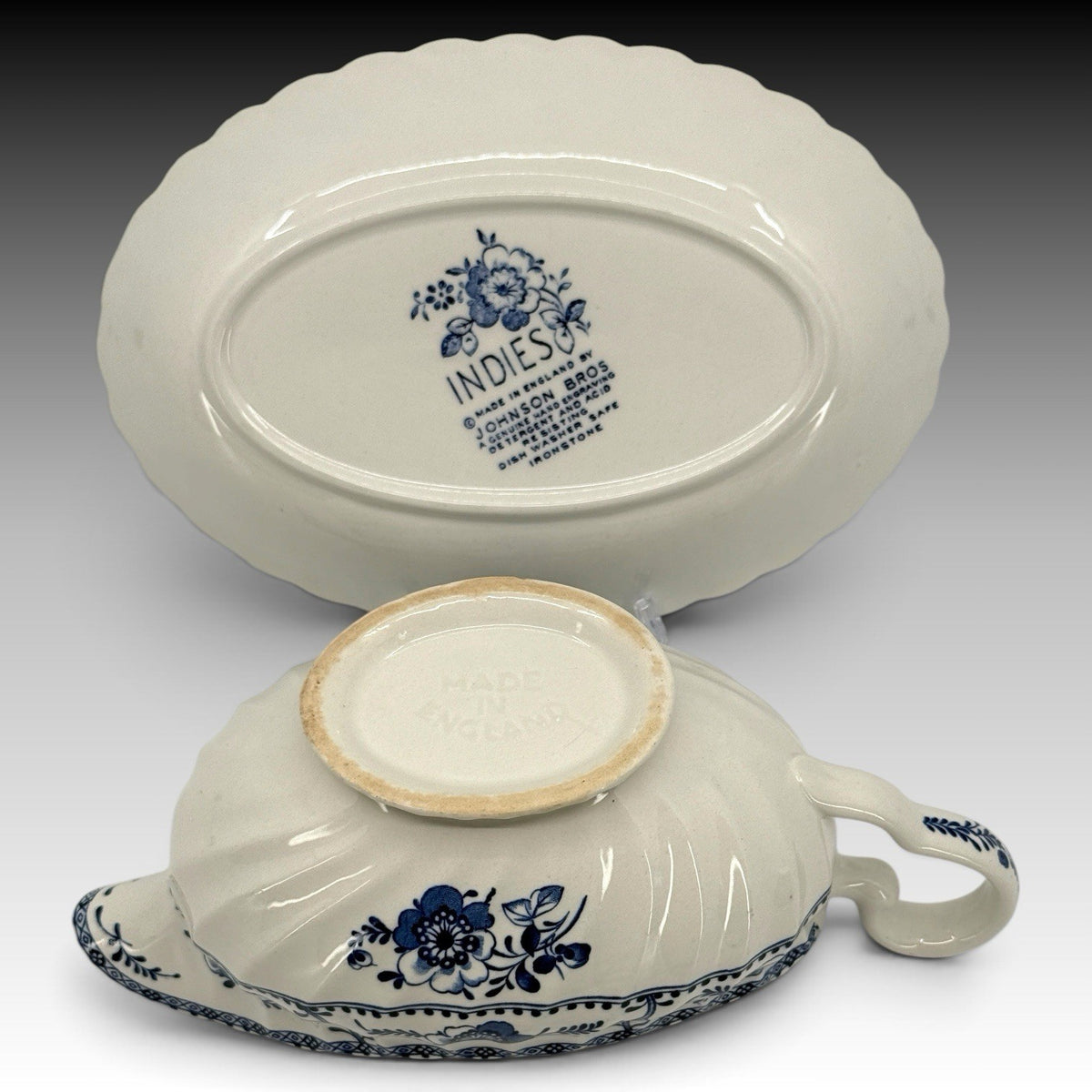 Johnson Brothers Indies Blue Onion Gravy Boat Underplate England Vtg 2 Pc Set
