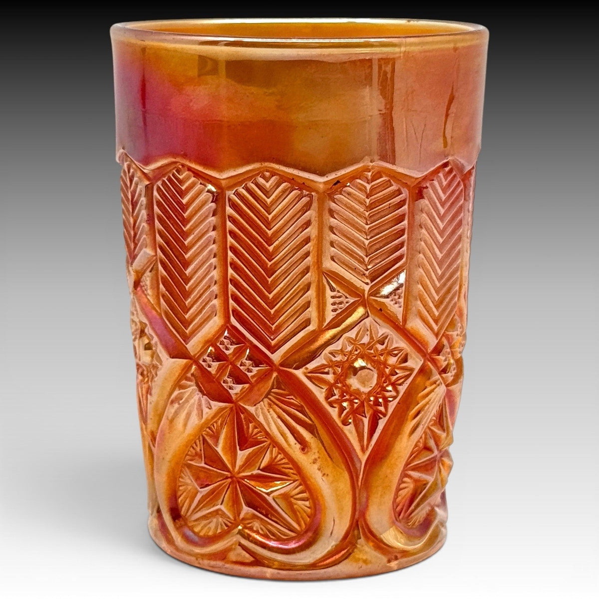 Millersburg Feather & Heart Marigold Carnival Glass Tumbler, Antique 4 Inch RARE