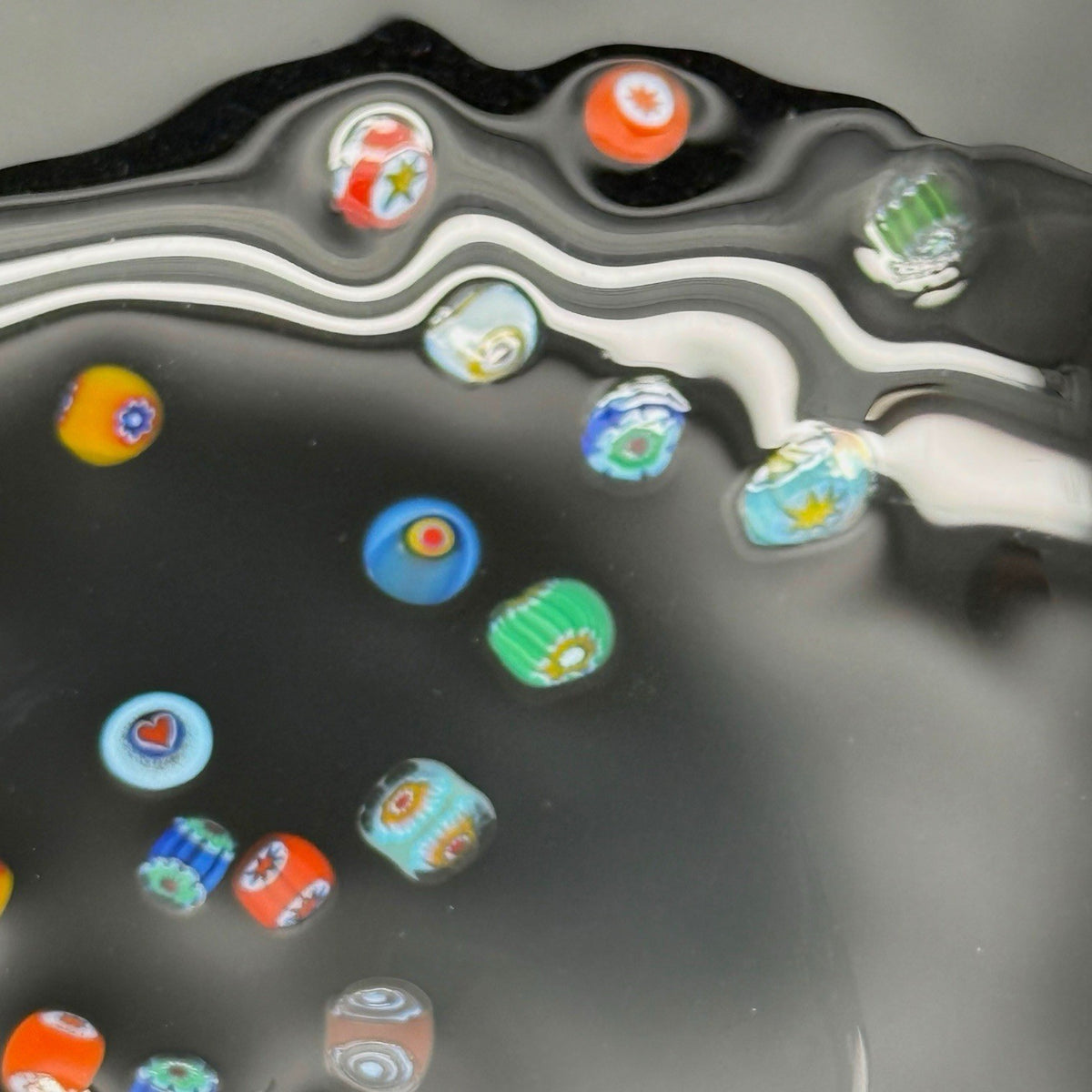 YALOS CASA Murano Black Art Glass Bowl with MILLEFIORI Accents ITALY 15 Inches
