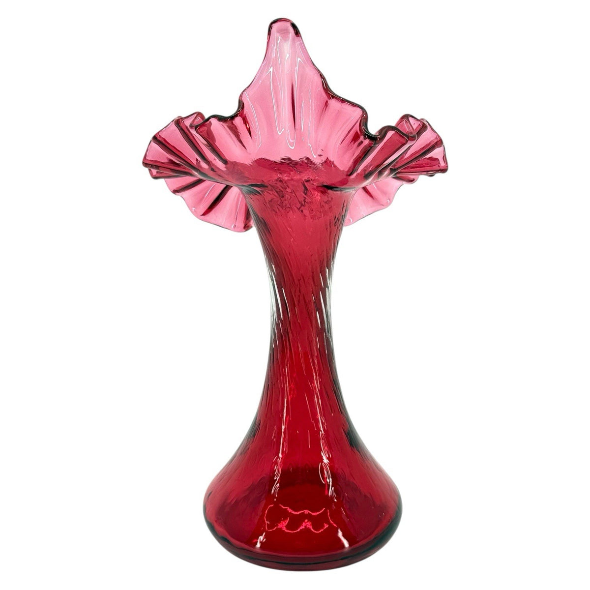 Fenton Cranberry Glass Jack In The Pulpit Vase, Large Ruffled Tulip Vase 10.5"