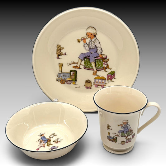 Lenox Childrens Dinnerware Set Little Boy Blue Stick Pony Plate Bowl Mug 3 Pc