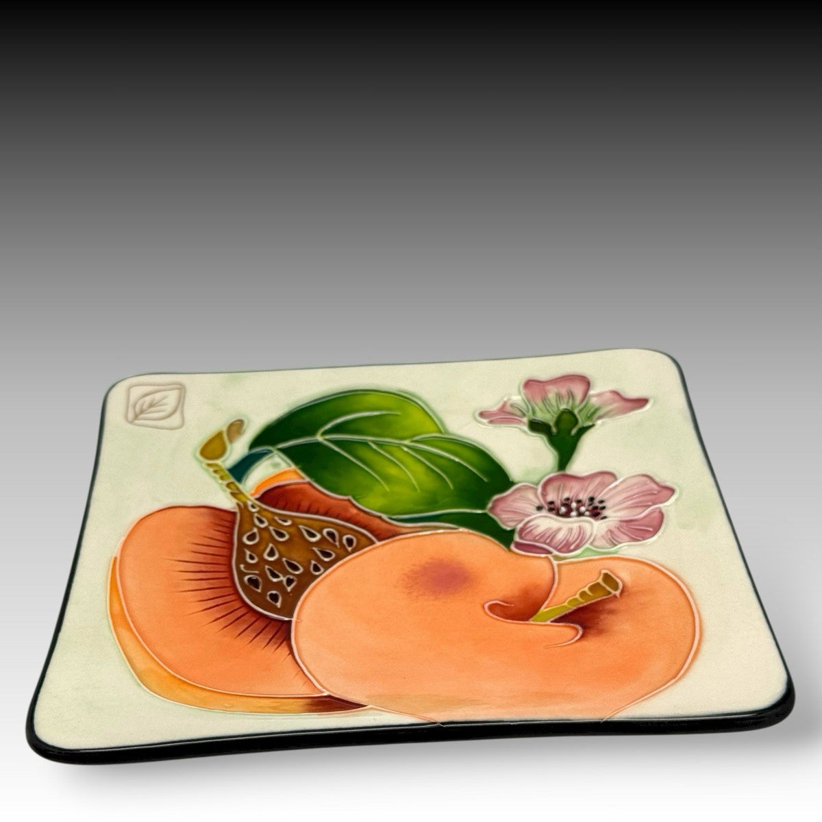 J McCall Blue Sky Peaches Embossed Ceramic Plates Set of 4 2004 5.5” Square