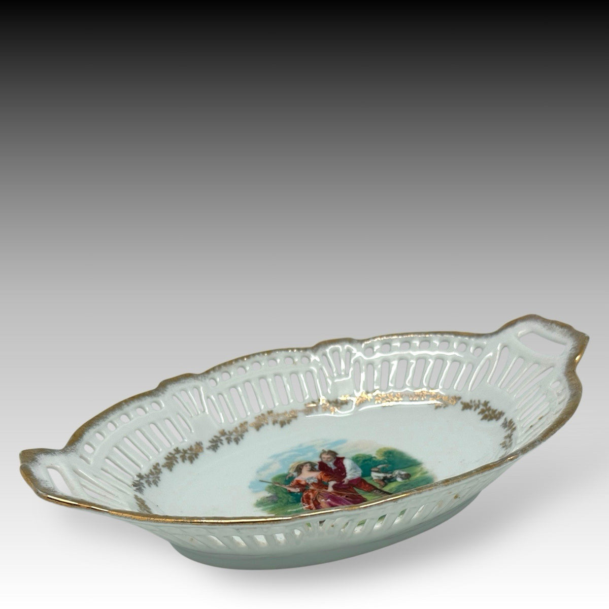 Antique German Porcelain Reticulated Bowl Victorian Couple Gilt Trim 9.5”