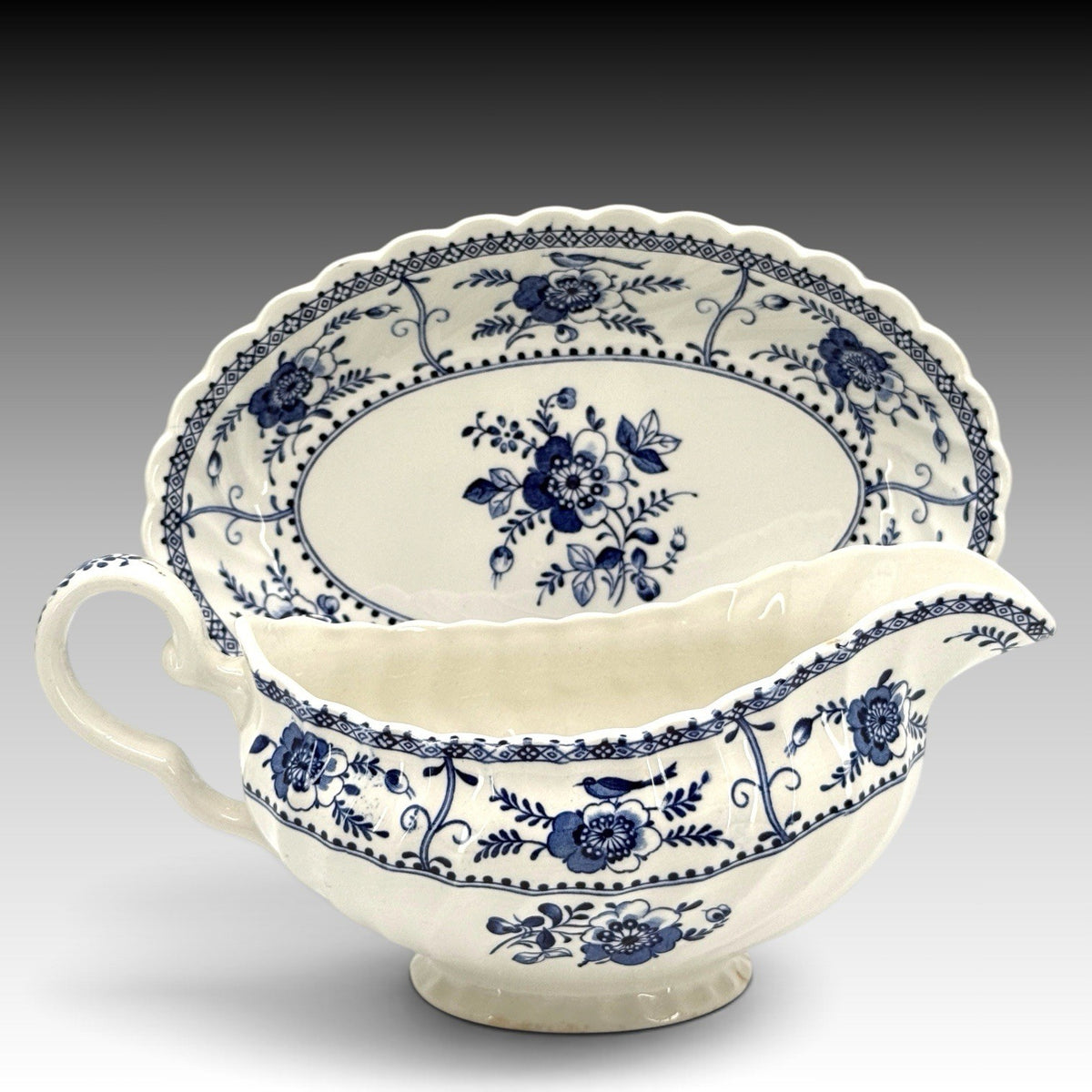 Johnson Brothers Indies Blue Onion Gravy Boat Underplate England Vtg 2 Pc Set