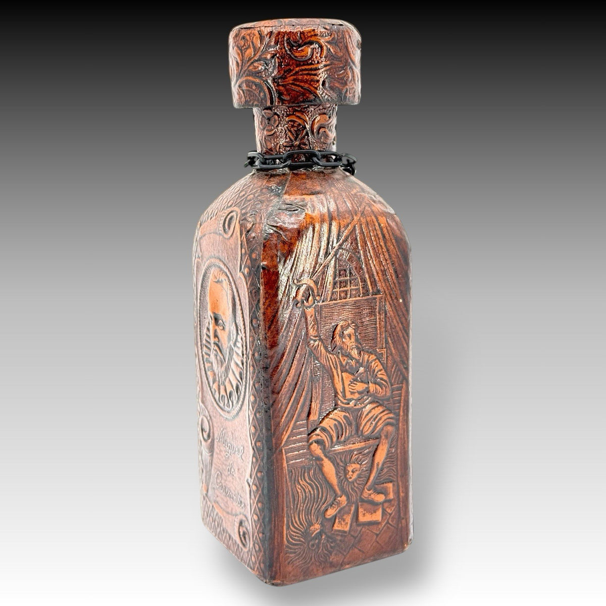 Vintage Miguel De Cervantes Leather Wrapped Whisky Decanter Bottle Barware