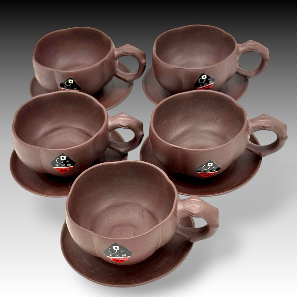 Yixing Zisha Clay Lingzhi Cups & Saucers Set of 5 Handmade China 20th Century