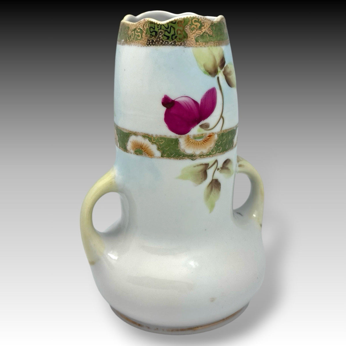 VINTAGE Hand-Painted NIPPON 2-Handled Vase – PINK Roses & GOLD GILT DETAIL 8.5"