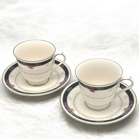 Set of 2 Noritake Ivory China ETIENNE 4 2/8" CUPS & SAUCERS #7260 Japan