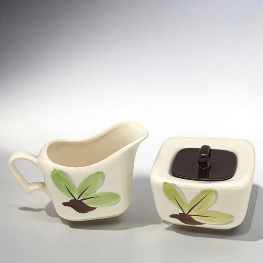 1940s Continental Kilns WOODLEAF Hand Painted CREAMER & Covered SUGAR BOWL USA