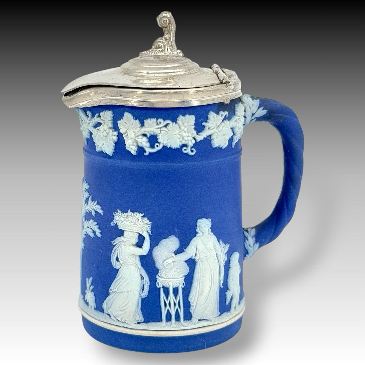 Wedgwood Dark Blue Jasperware Syrup Pitcher With Pewter Lid, Antique 1867 Rare