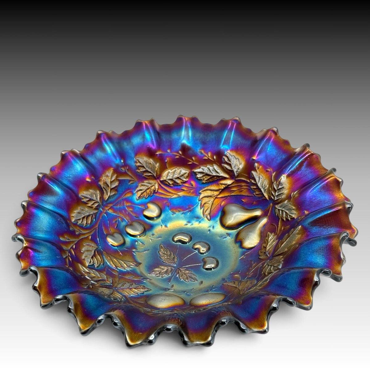 Northwood Three Fruits Electric Amethyst Carnival Glass Ruffled Bowl 8.5 Inches