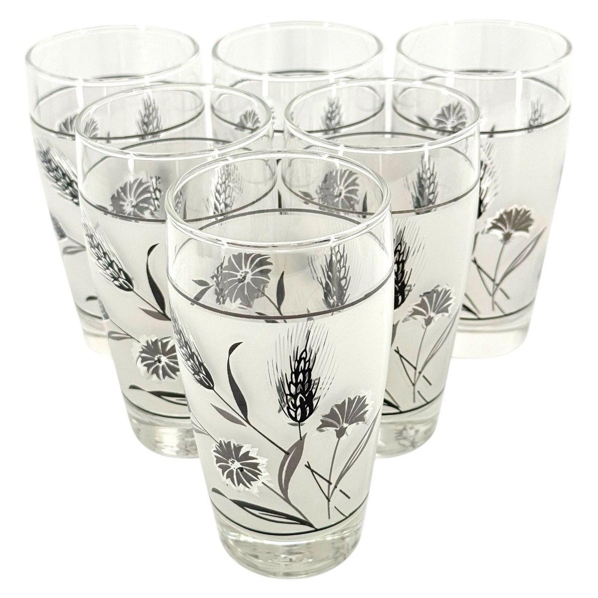Libbey Silver Leaf Frosted Tumblers Set Of 6 MCM 1950s 12 Oz Drinking Glasses