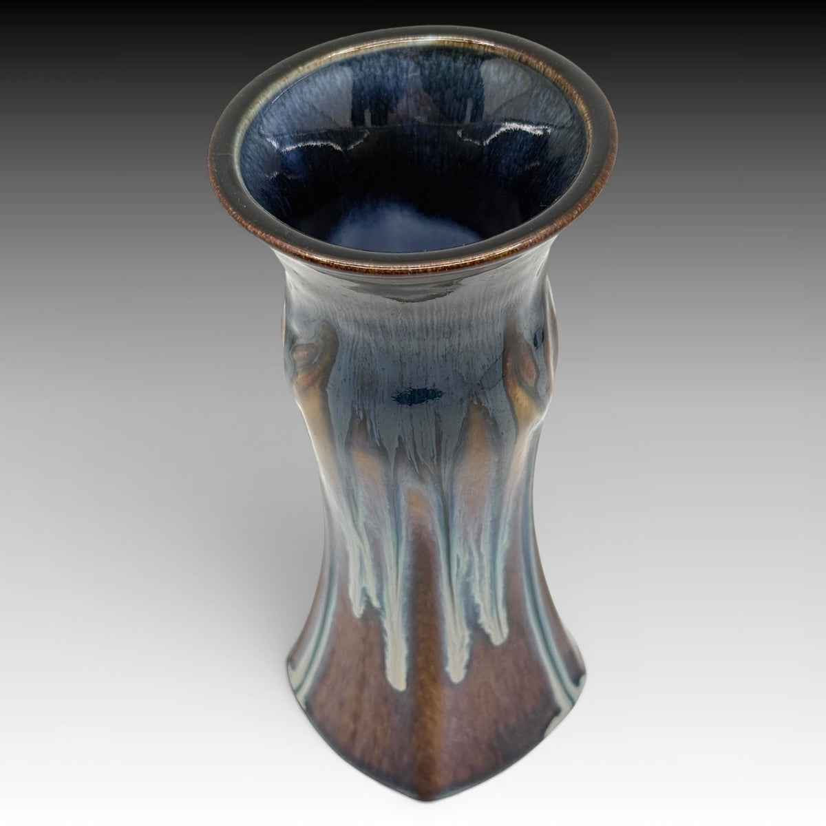 Bill Campbell Studio Art Pottery Blue Drip Glaze Lotus Vase Signed 7.75"  USA