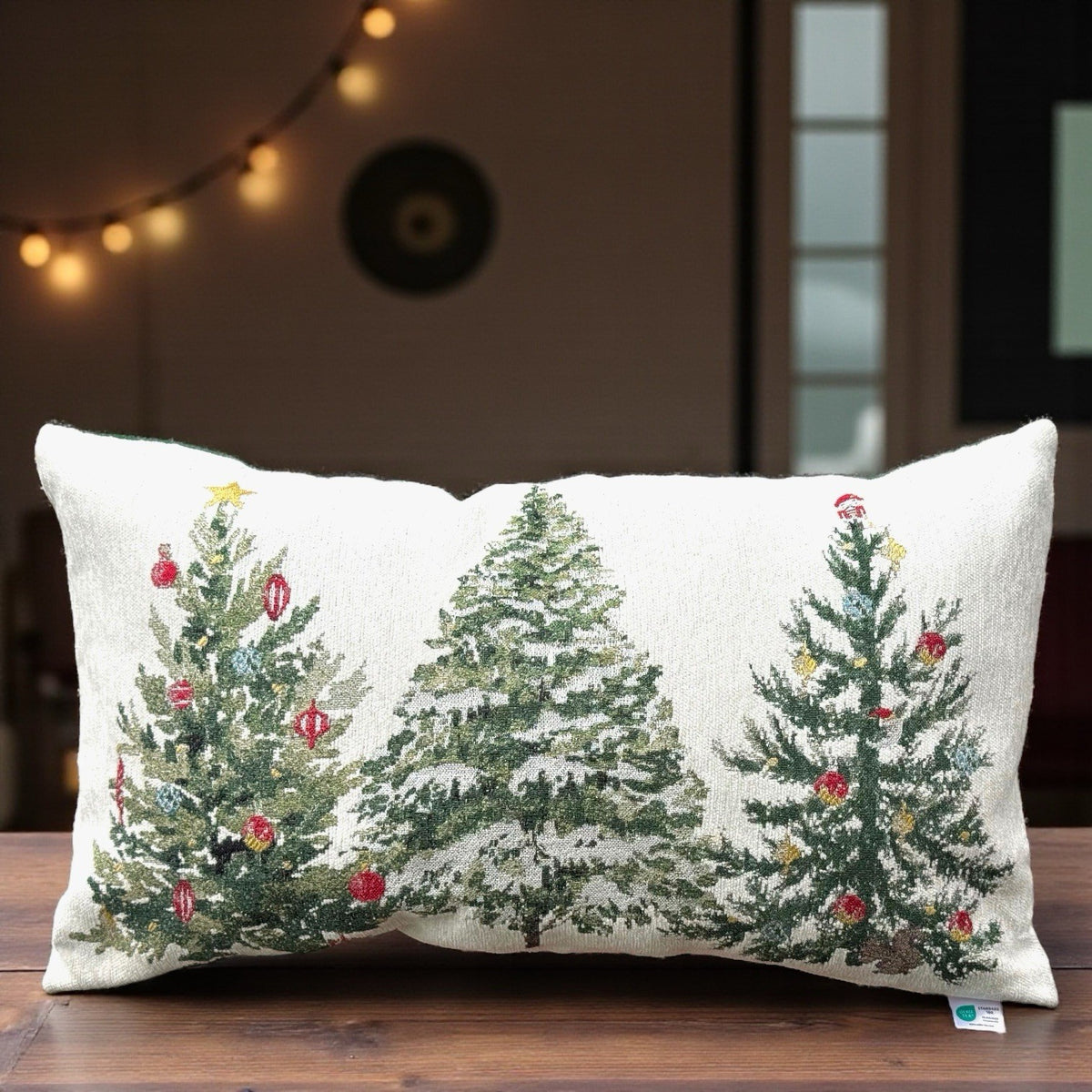 Tapestry Christmas Lumbar Pillow 12x23 Three Trees Holiday Decor OEKO TEX Accent