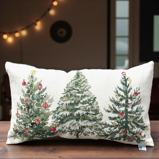 Tapestry Christmas Lumbar Pillow 12x23 Three Trees Holiday Decor OEKO TEX Accent