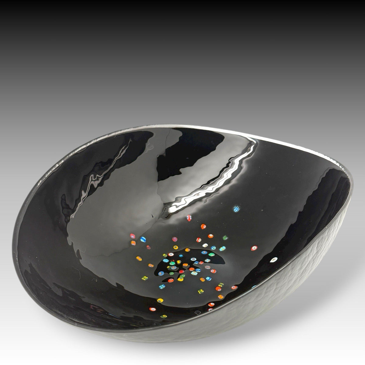 YALOS CASA Murano Black Art Glass Bowl with MILLEFIORI Accents ITALY 15 Inches