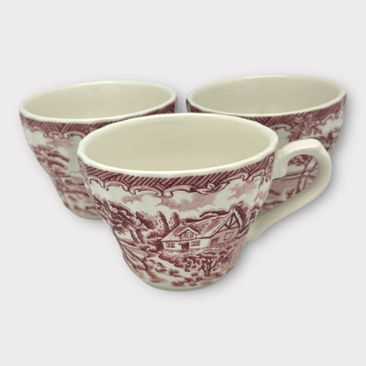 Set of 3 CHURCHILL The Brook PINK Transfer Ware Cottage CUPS Colombia Cups TRIO